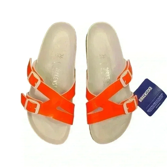 NEW BIRKENSTOCK YAO Balance Birko Flor Leather Sandal NEON ORANGE - Picture 1 of 8